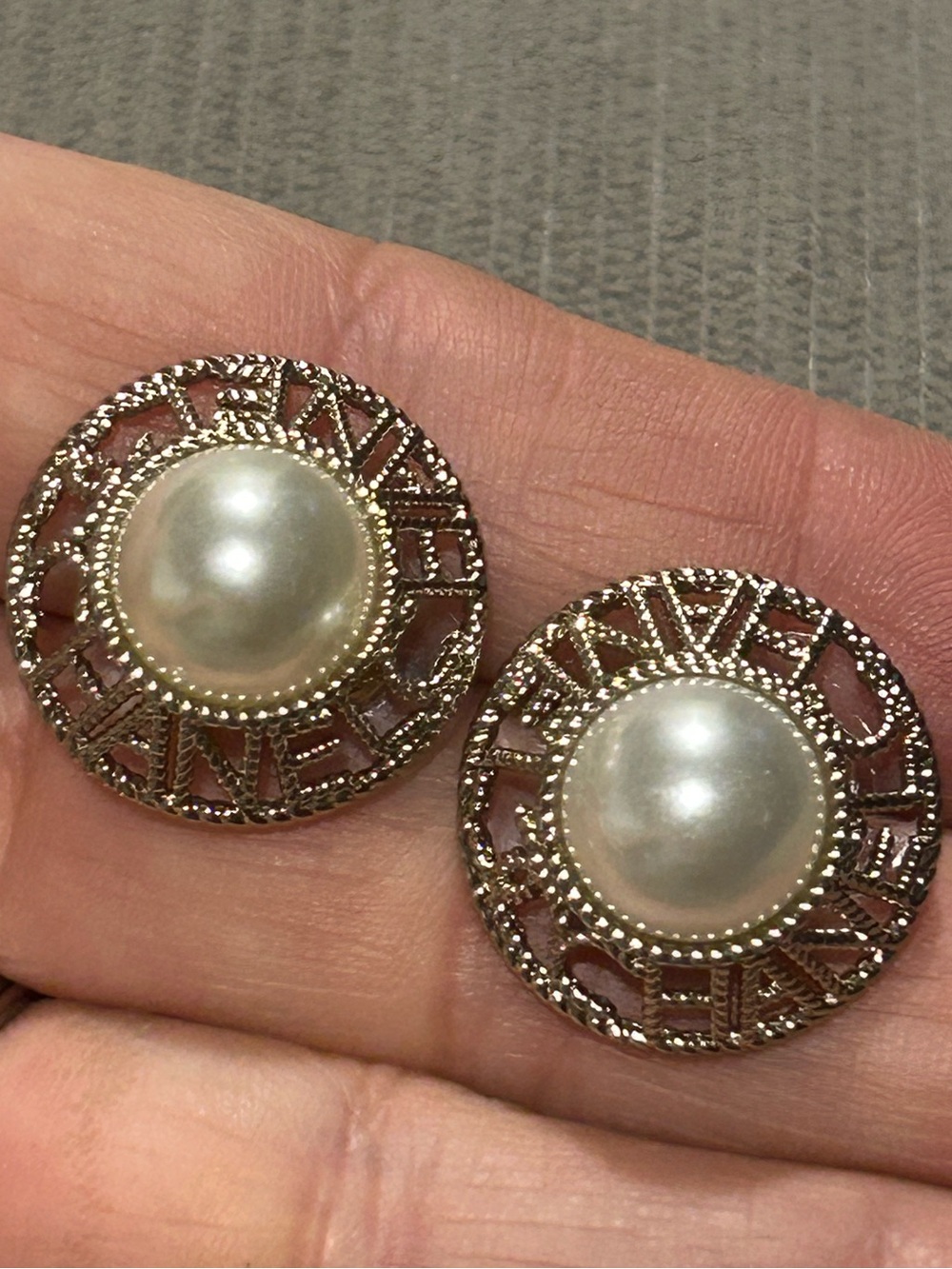 Silver-Tone Filigree Pearl Lettered Button Earrings